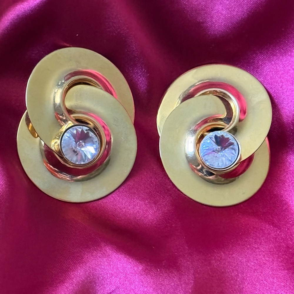 Vintage NJ  Double Link Rivoli Earrings Gold tone 1970s shiny rhinestones